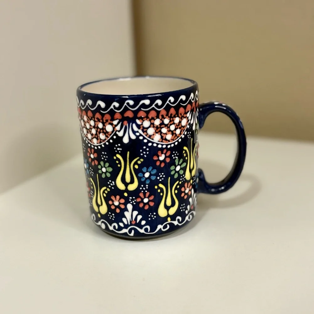 Hand-Painted Ceramic Mug in Navy Blue with Multicolor Floral Pattern